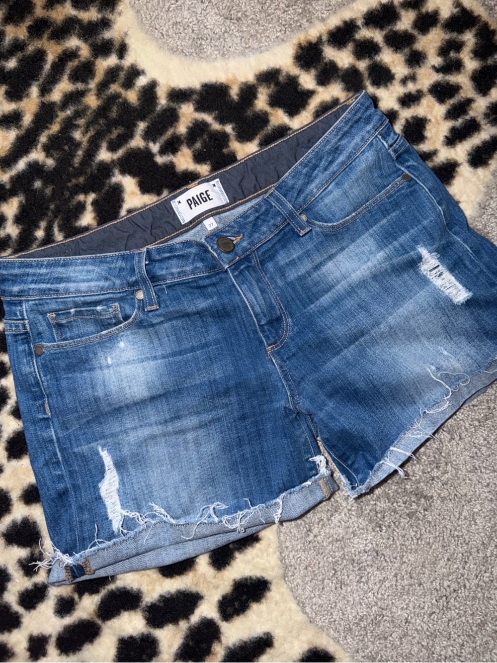 PAIGE Medium Blue Distressed Denim Cutoff Shorts